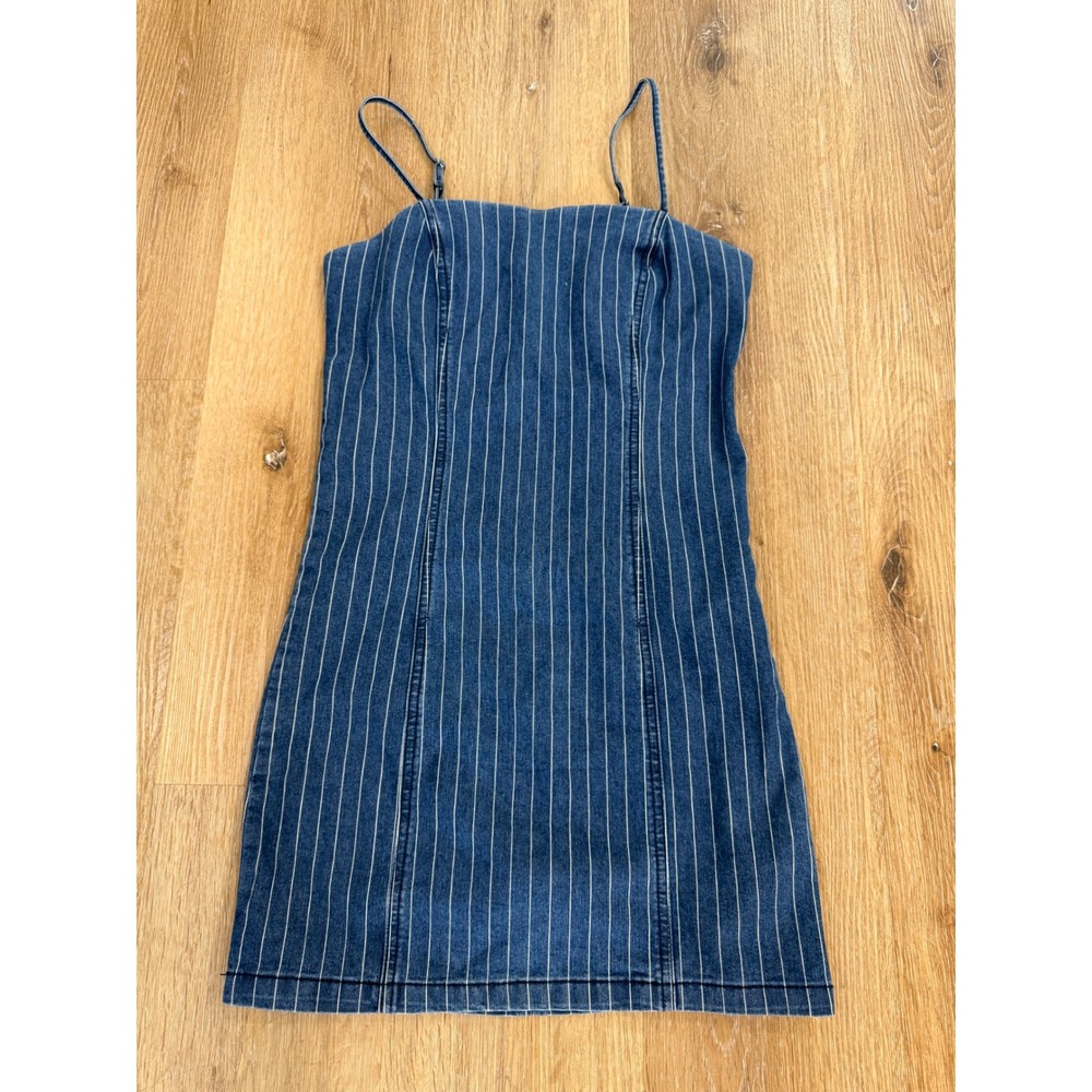 Forever 21 Y2K Pinstripe Denim Mini Dress Womens S Blue Striped Festival Preppy
